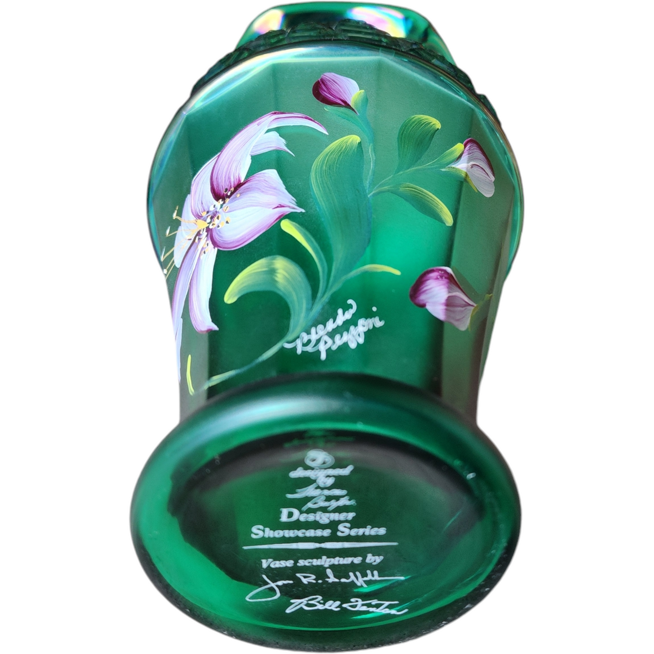 Fenton Emerald Green Iridescent Carnival Bill Fenton Signed Art Glass Vase