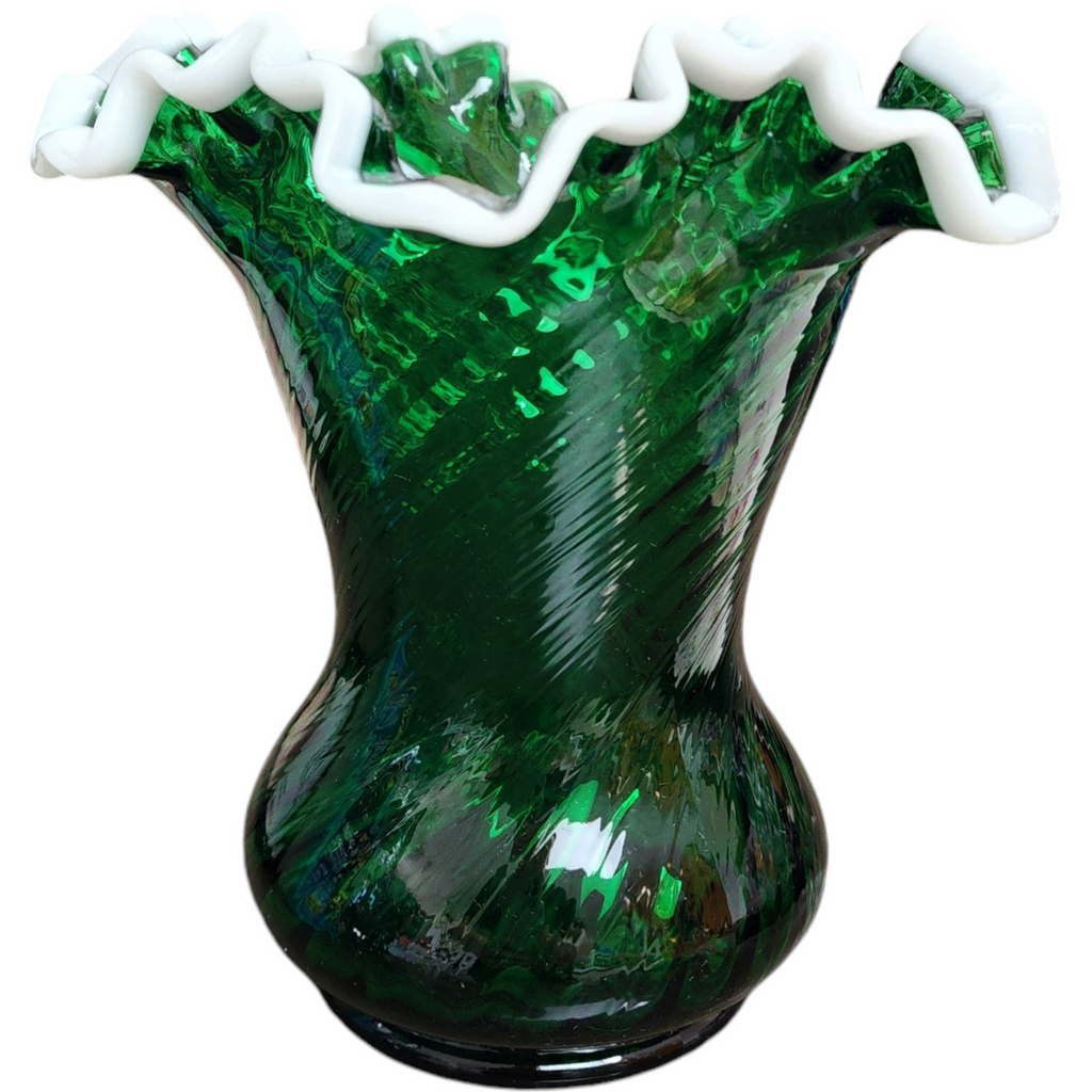 Fenton Emerald Green Snowcrest Flower Vase with Milk Glass Ruffle Rim