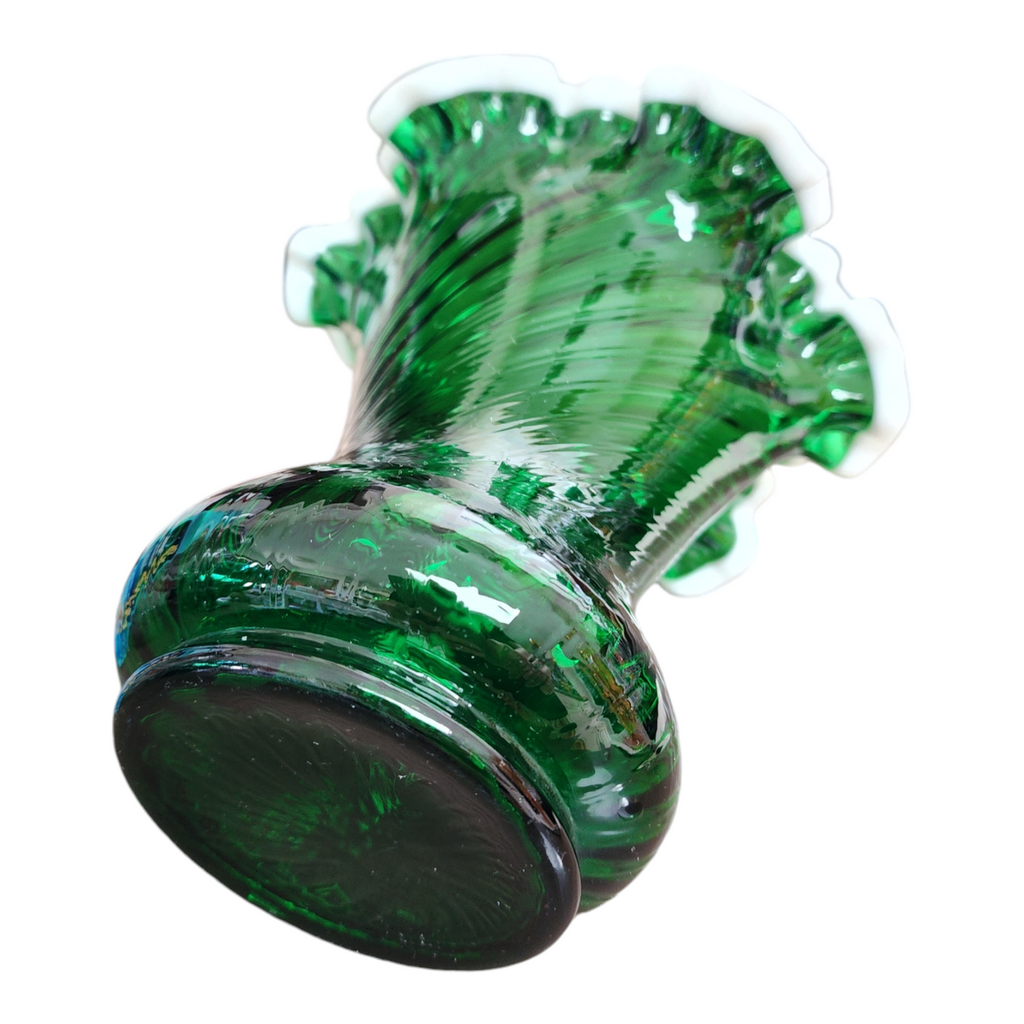 Fenton Emerald Green Snowcrest Flower Vase with Milk Glass Ruffle Rim