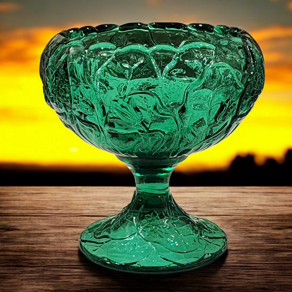 Fenton Green  Water Lily Pressed Glass Comport Pedestal Compote Dish