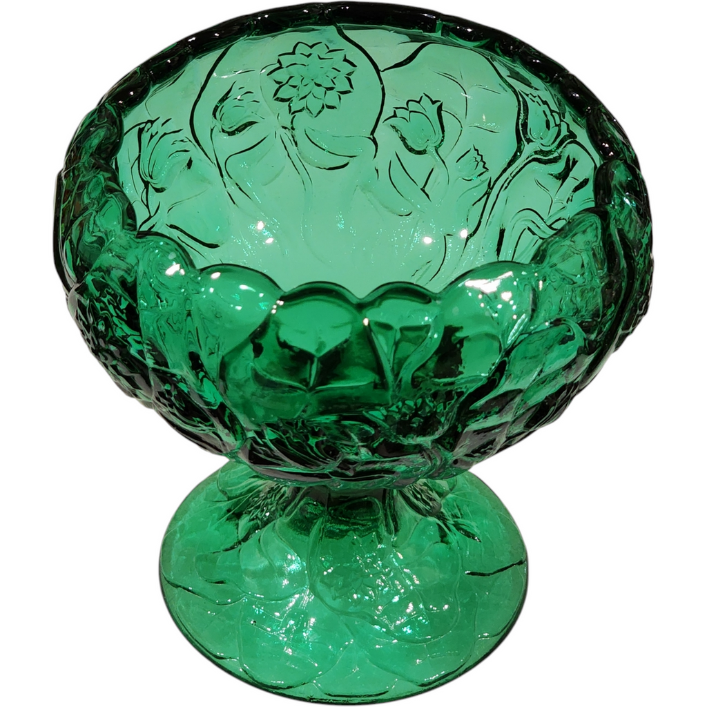 Fenton Green  Water Lily Pressed Glass Comport Pedestal Compote Dish