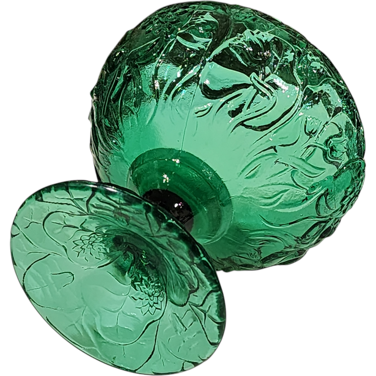 Fenton Green  Water Lily Pressed Glass Comport Pedestal Compote Dish