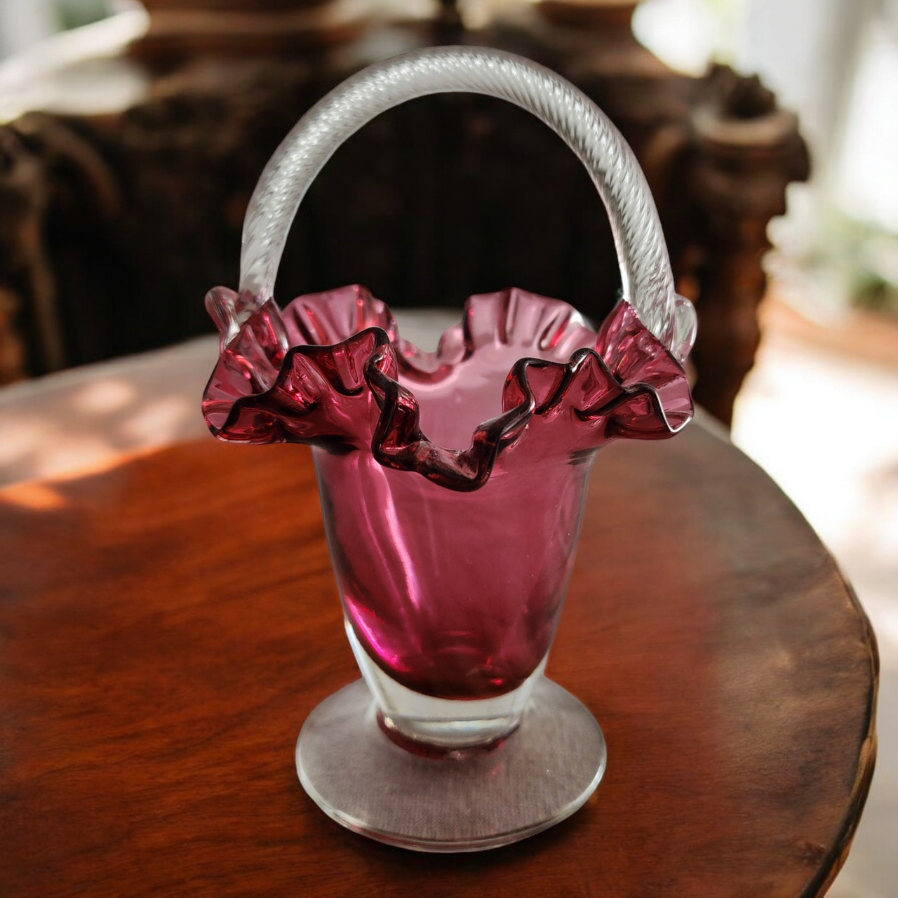 Rossi Cranberry Art Glass Hand Blown Ruffled Glass Basket with Clear Twisted Handle