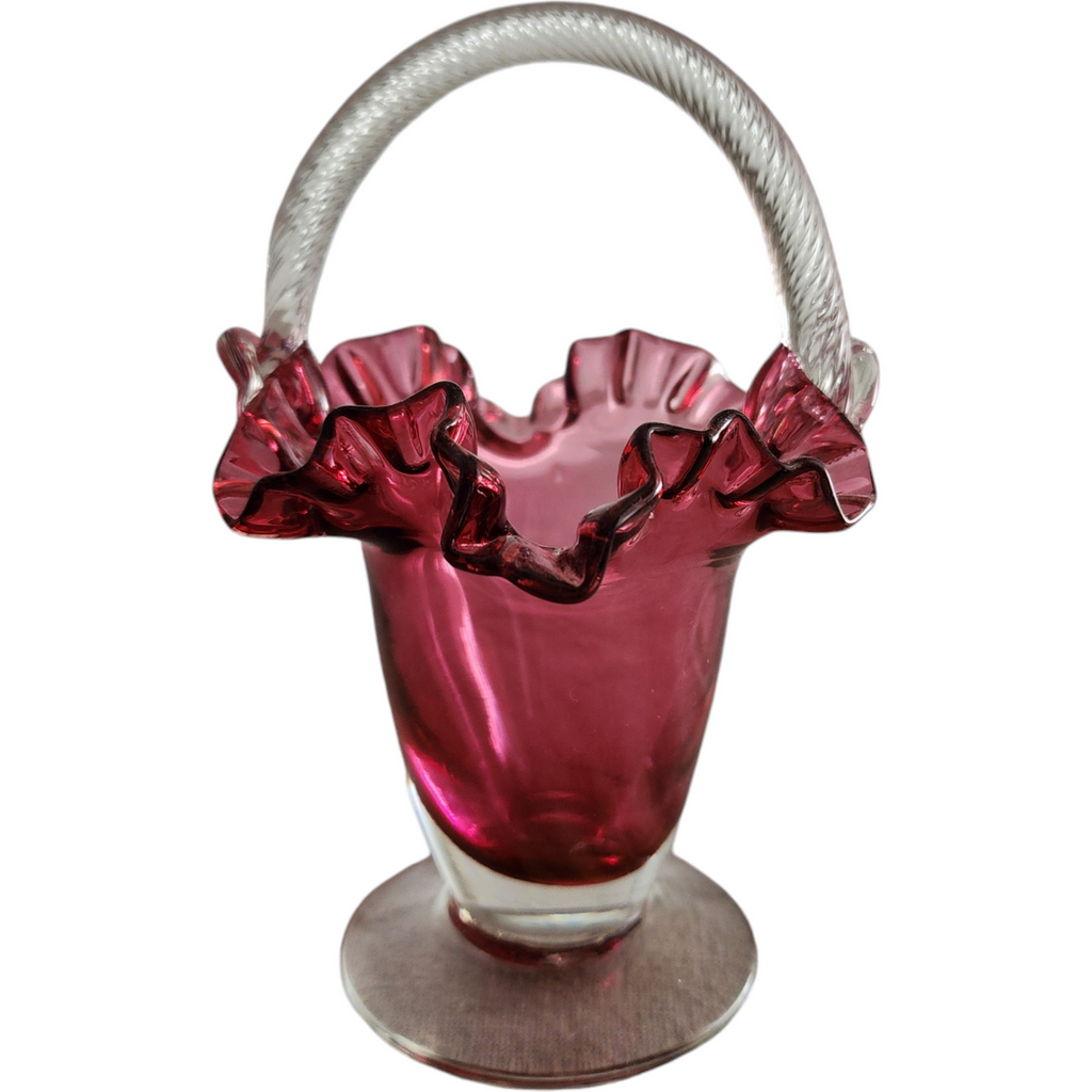 Rossi Cranberry Art Glass Hand Blown Ruffled Glass Basket with Clear Twisted Handle