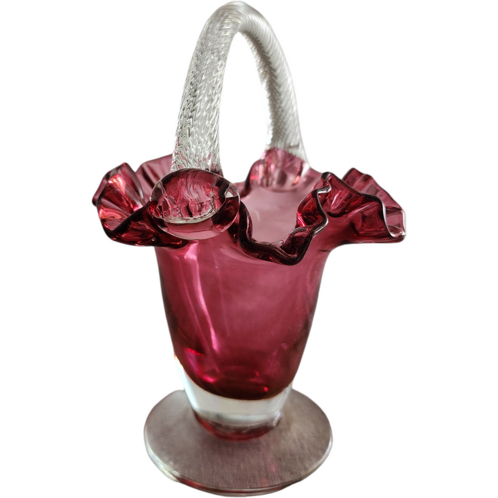 Rossi Cranberry Art Glass Hand Blown Ruffled Glass Basket with Clear Twisted Handle