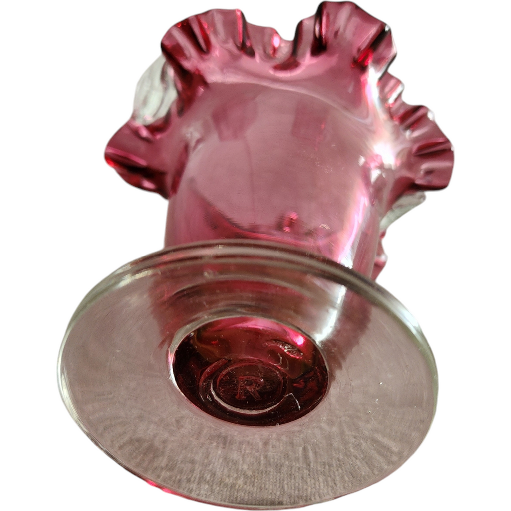 Rossi Cranberry Art Glass Hand Blown Ruffled Glass Basket with Clear Twisted Handle