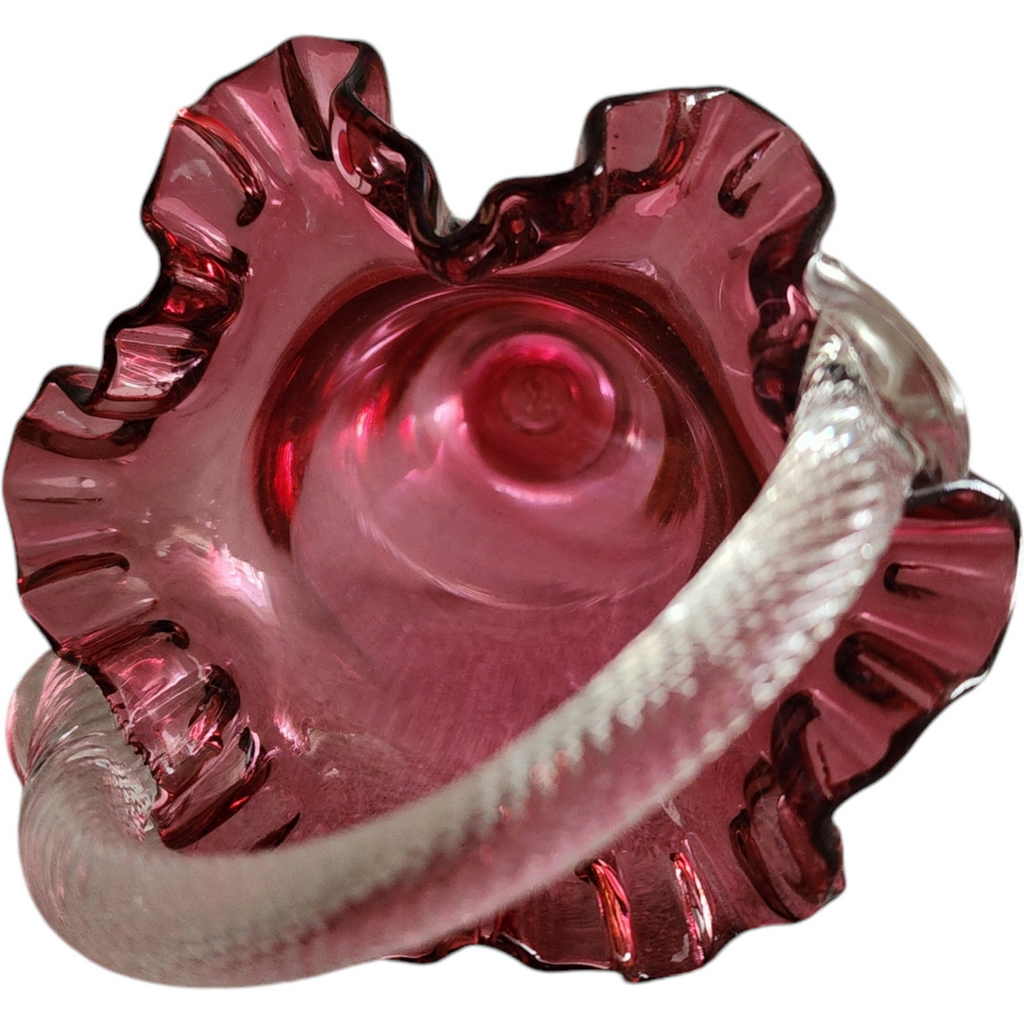 Rossi Cranberry Art Glass Hand Blown Ruffled Glass Basket with Clear Twisted Handle