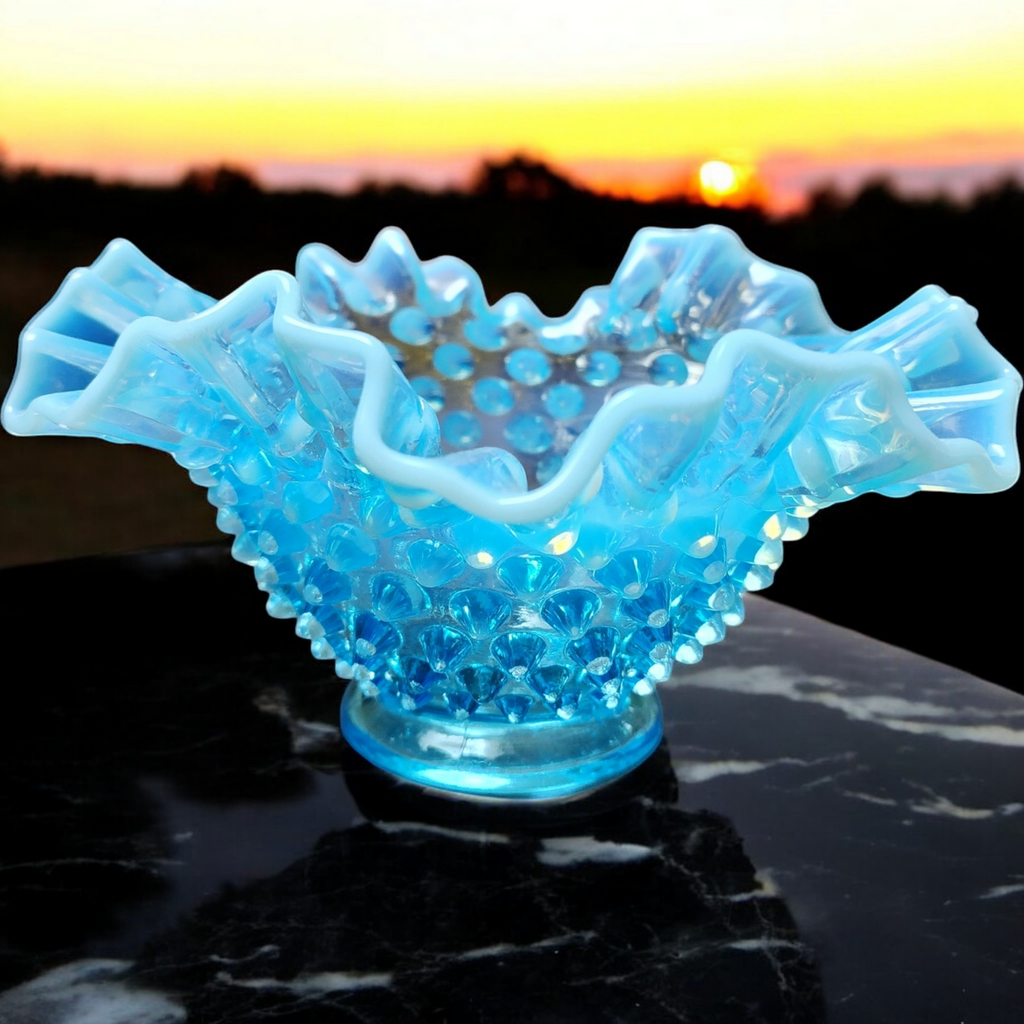 7" Fenton Hobnail Blue Opalescent Round Crimped Bowl
