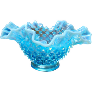 7" Fenton Hobnail Blue Opalescent Round Crimped Bowl