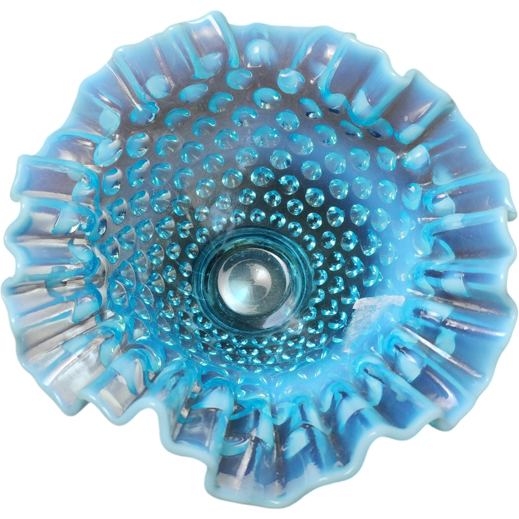 7" Fenton Hobnail Blue Opalescent Round Crimped Bowl