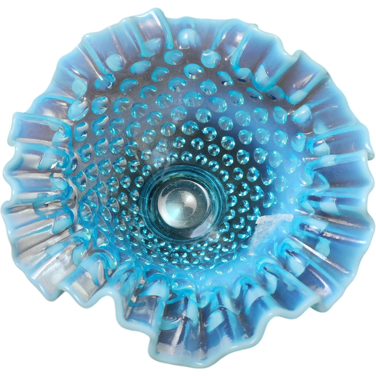 7" Fenton Hobnail Blue Opalescent Round Crimped Bowl