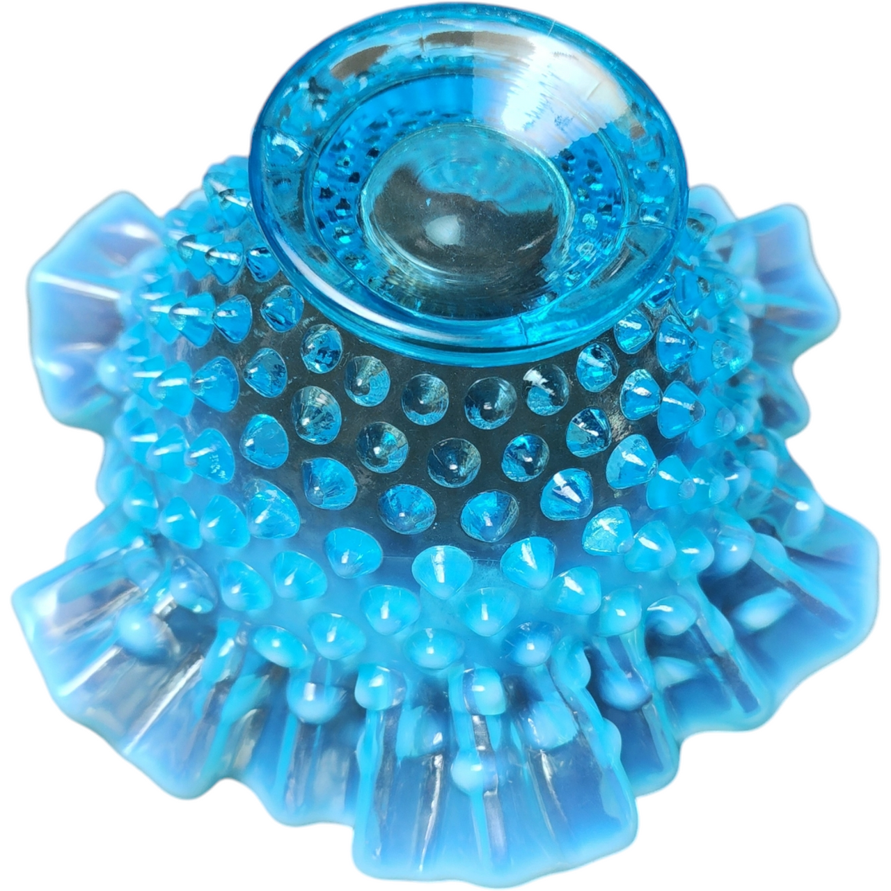 7" Fenton Hobnail Blue Opalescent Round Crimped Bowl