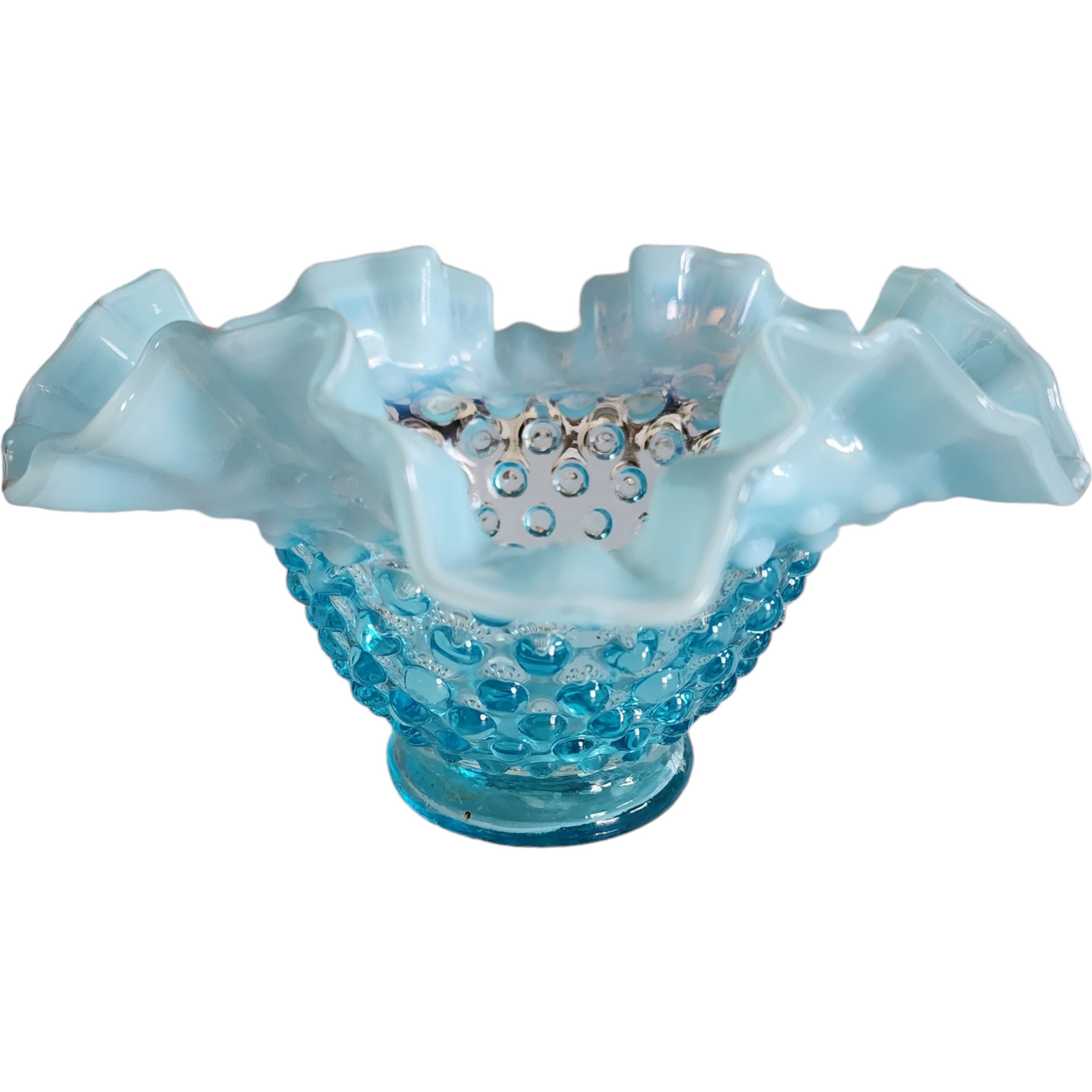 Fenton Hobnail Blue Opalescent Small Double Crimped Bowl