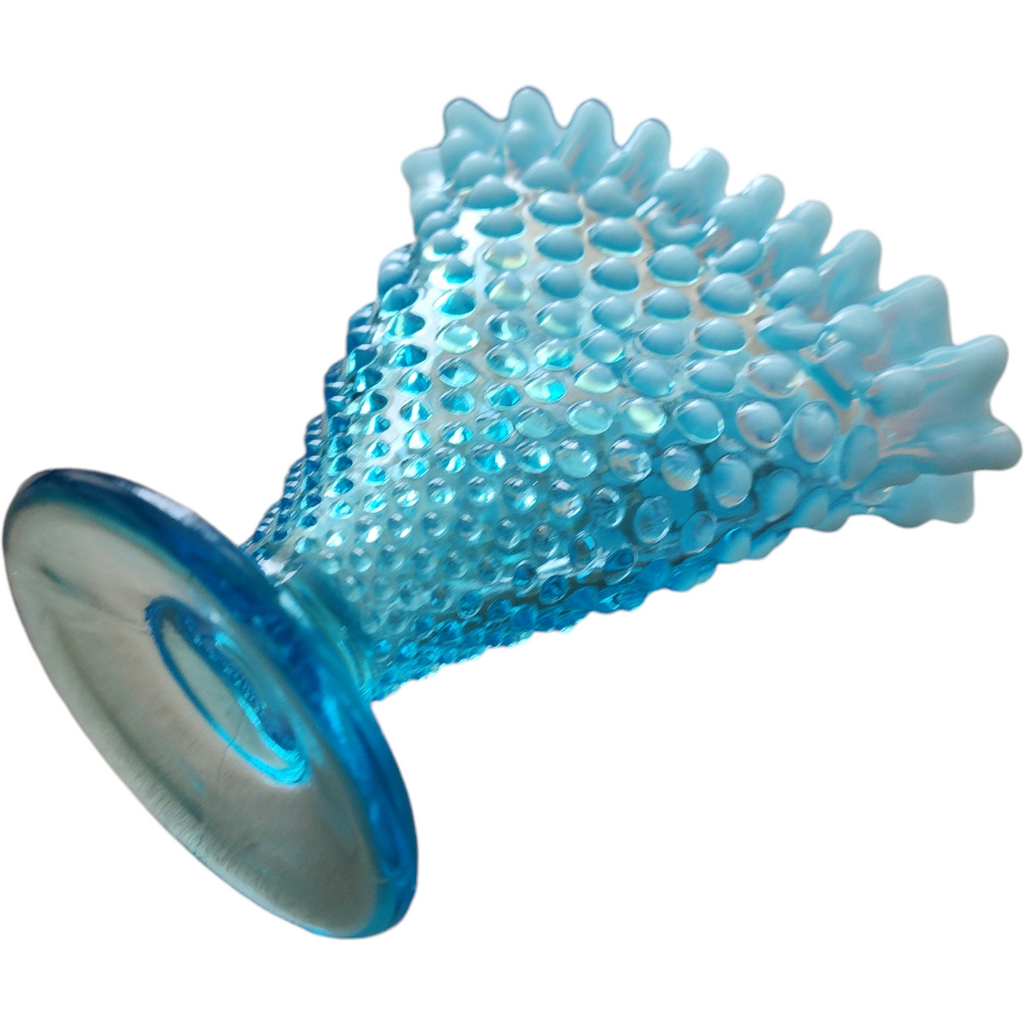Fenton Hobnail Bluer Opalescent Crimped Edge Footed Fan Flared Vase