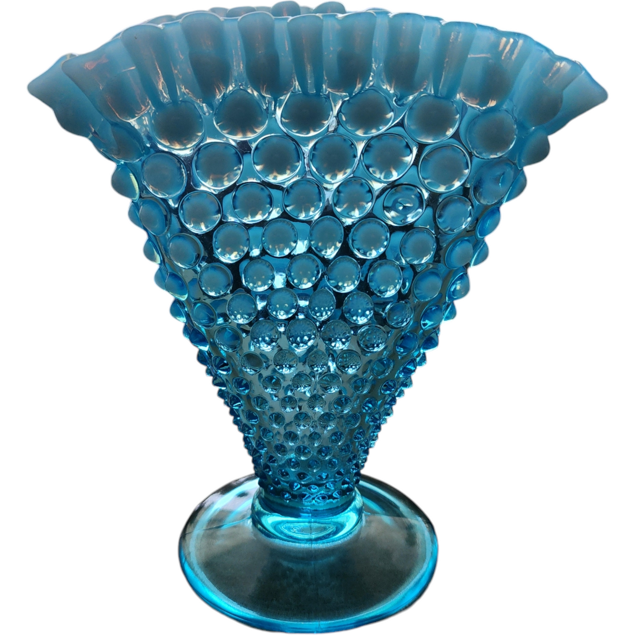Fenton Hobnail Bluer Opalescent Crimped Edge Footed Fan Flared Vase