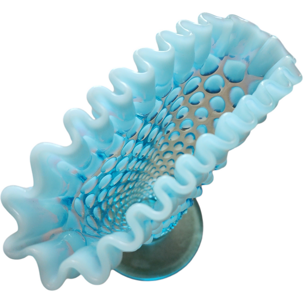 Fenton Hobnail Bluer Opalescent Crimped Edge Footed Fan Flared Vase