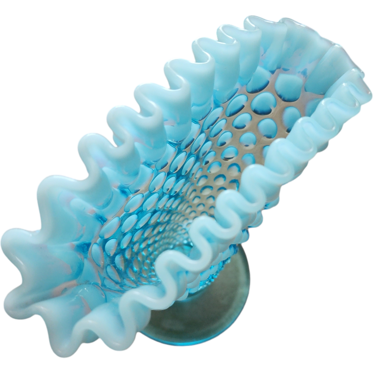 Fenton Hobnail Bluer Opalescent Crimped Edge Footed Fan Flared Vase