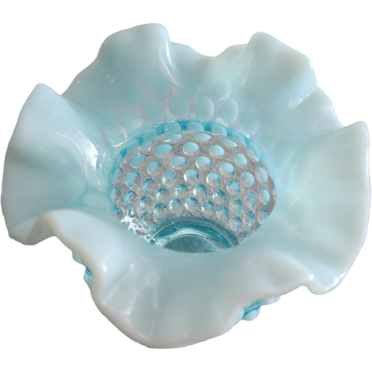 Fenton Hobnail Bluer Opalescent Miniature Double Crimp Vase