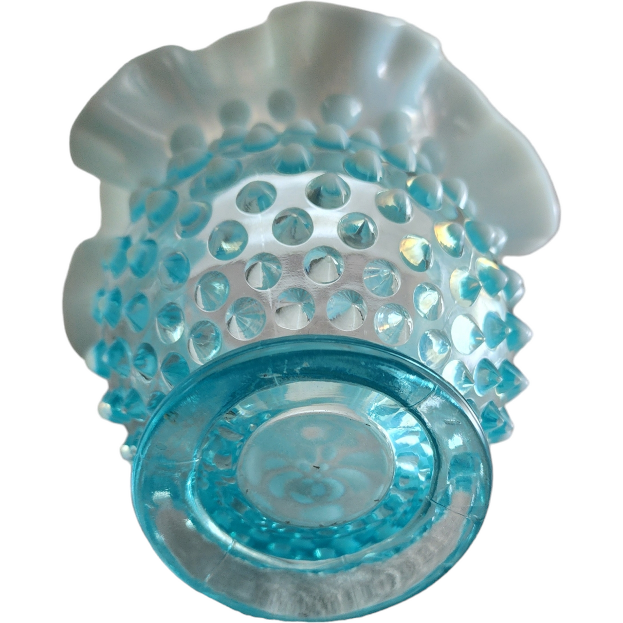 Fenton Hobnail Bluer Opalescent Miniature Double Crimp Vase