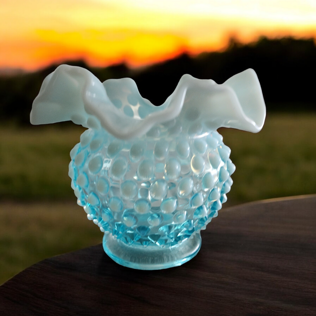 Fenton Hobnail Bluer Opalescent Miniature Double Crimp Vase