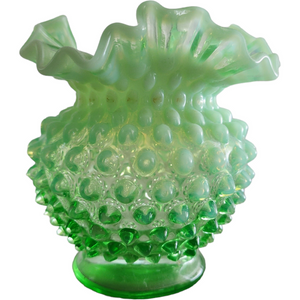Fenton Hobnail Lime Green Vaseline Opalescent Uranium Miniature Double Crimp Vase