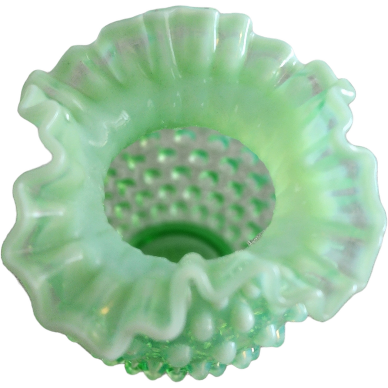 Fenton Hobnail Lime Green Vaseline Opalescent Uranium Miniature Double Crimp Vase