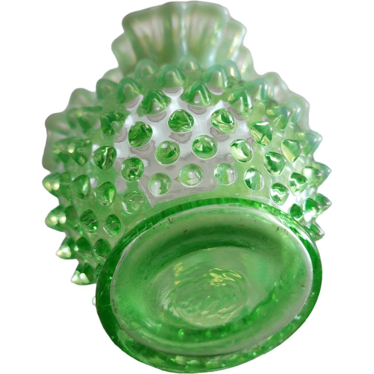 Fenton Hobnail Lime Green Vaseline Opalescent Uranium Miniature Double Crimp Vase