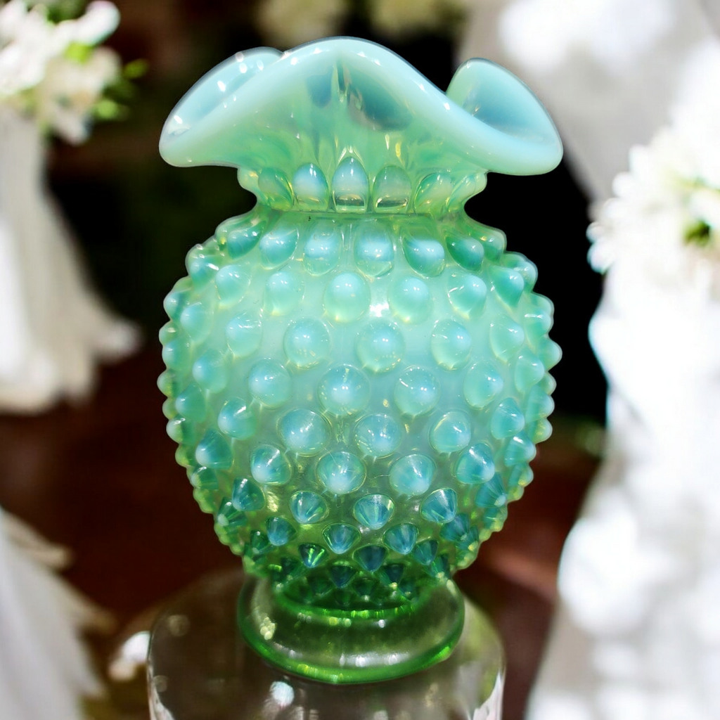 Fenton Hobnail Lime Green Vaseline Opalescent Uranium Miniature Crimped Edge Footed Triangle Vase