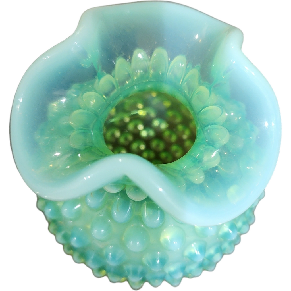 Fenton Hobnail Lime Green Vaseline Opalescent Uranium Miniature Crimped Edge Footed Triangle Vase