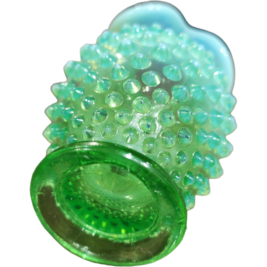 Fenton Hobnail Lime Green Vaseline Opalescent Uranium Miniature Crimped Edge Footed Triangle Vase