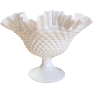 Fenton Hobnail Milk Glass Compote with Ruffled Edge