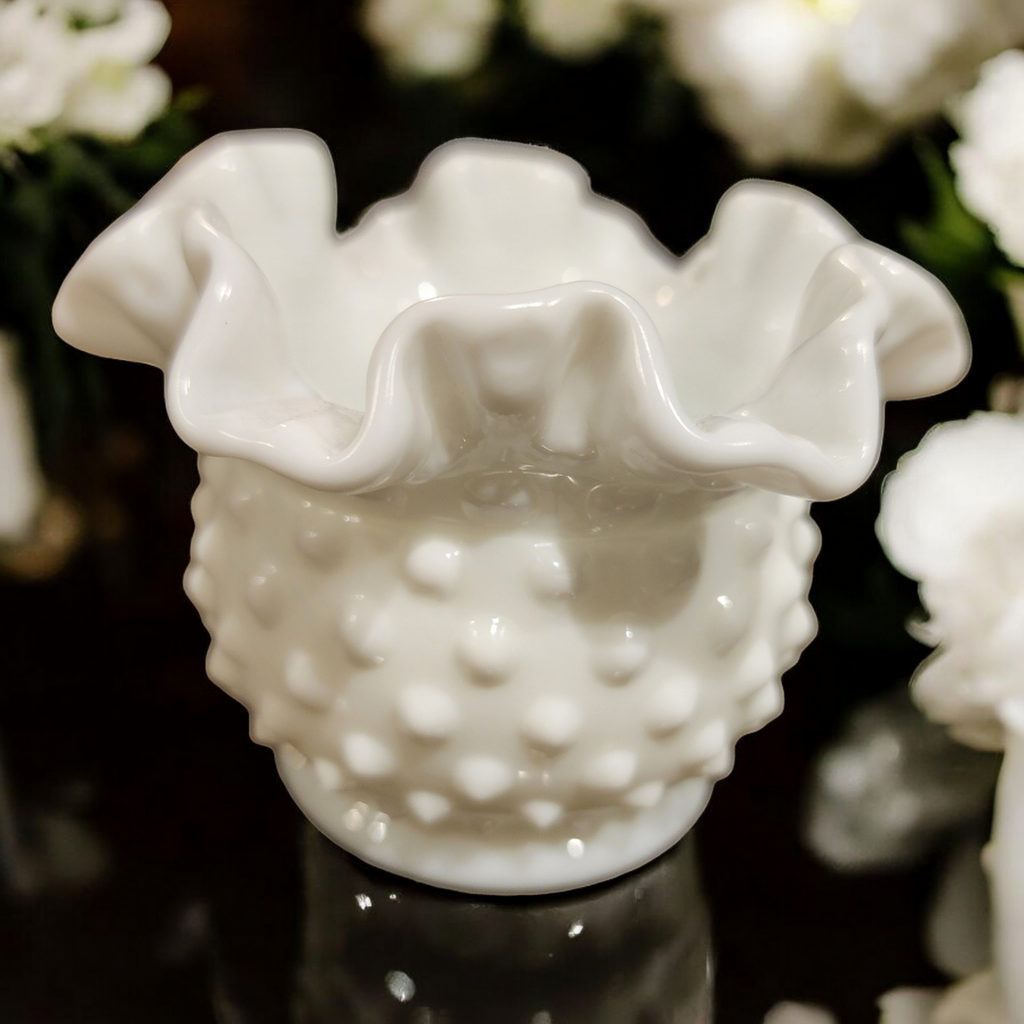 Fenton Hobnail Milk Glass Double Crimped Vase
