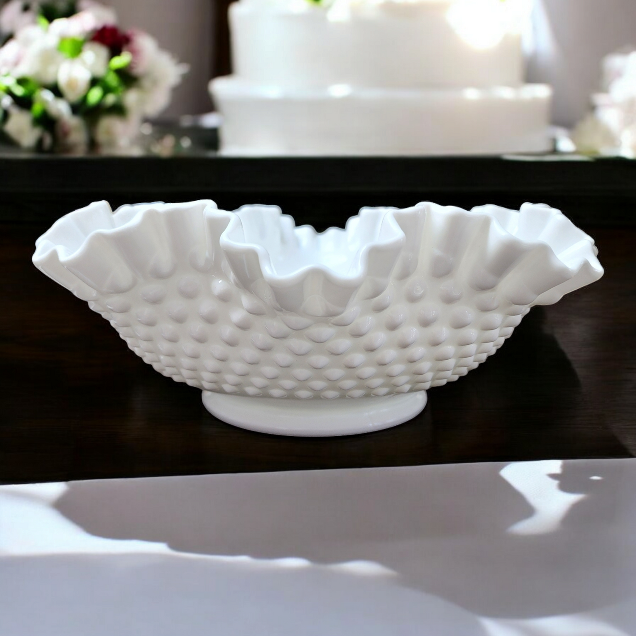 Fenton Hobnail Milk Glass Round Double Crimped Bowl