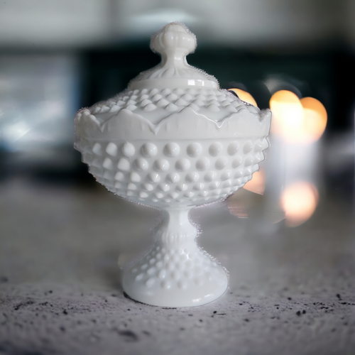 8" Fenton Hobnail Milk Glass Scalloped Tall Footed Candy Box with Lid