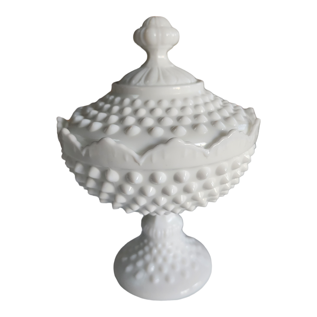 8" Fenton Hobnail Milk Glass Scalloped Tall Footed Candy Box with Lid