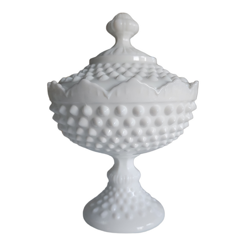 8" Fenton Hobnail Milk Glass Scalloped Tall Footed Candy Box with Lid