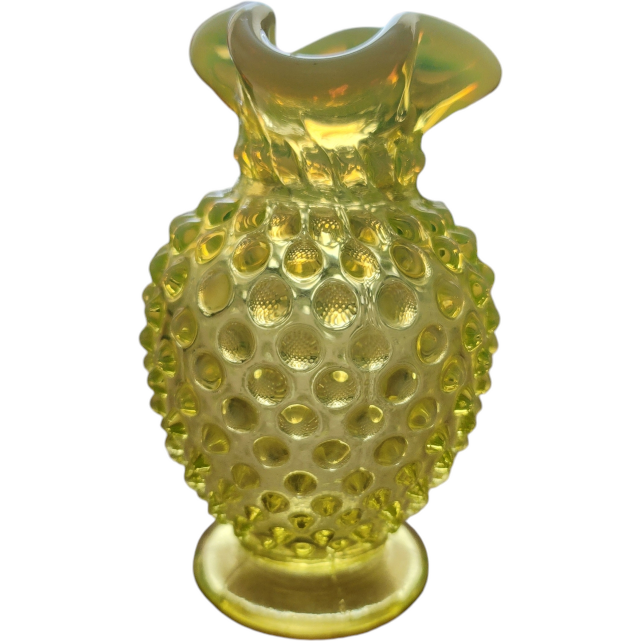 Fenton Hobnail Topaz  Vaseline Opalescent Uranium Crimped Edge Footed Triangle Vase