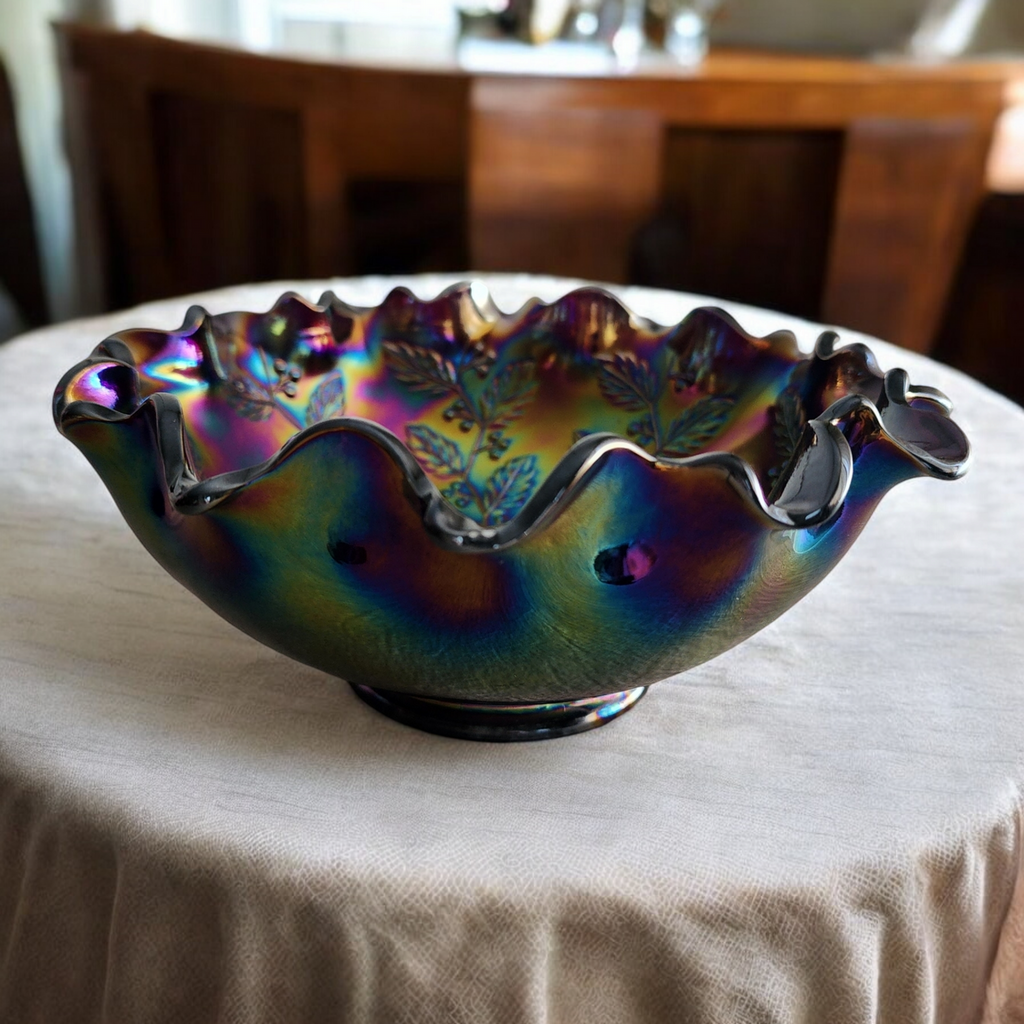 Fenton Holly Design Amethyst Carnival Glass Crimped Bowl Vase