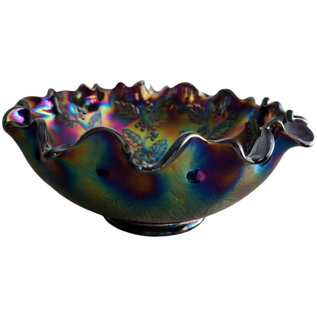 Fenton Holly Design Amethyst Carnival Glass Crimped Bowl Vase