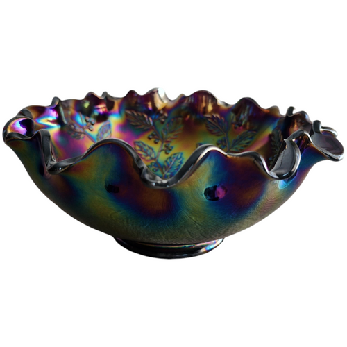 Fenton Holly Design Amethyst Carnival Glass Crimped Bowl Vase