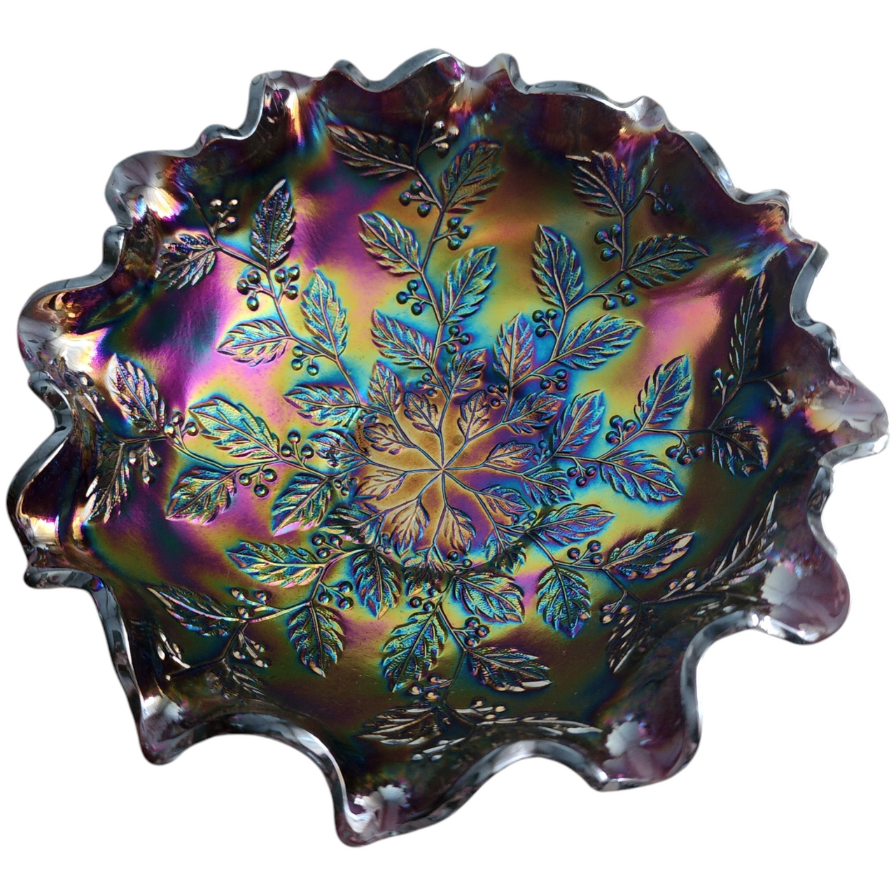Fenton Holly Design Amethyst Carnival Glass Crimped Bowl Vase