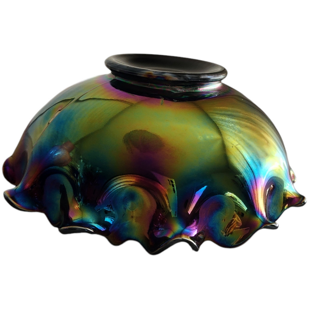 Fenton Holly Design Amethyst Carnival Glass Crimped Bowl Vase