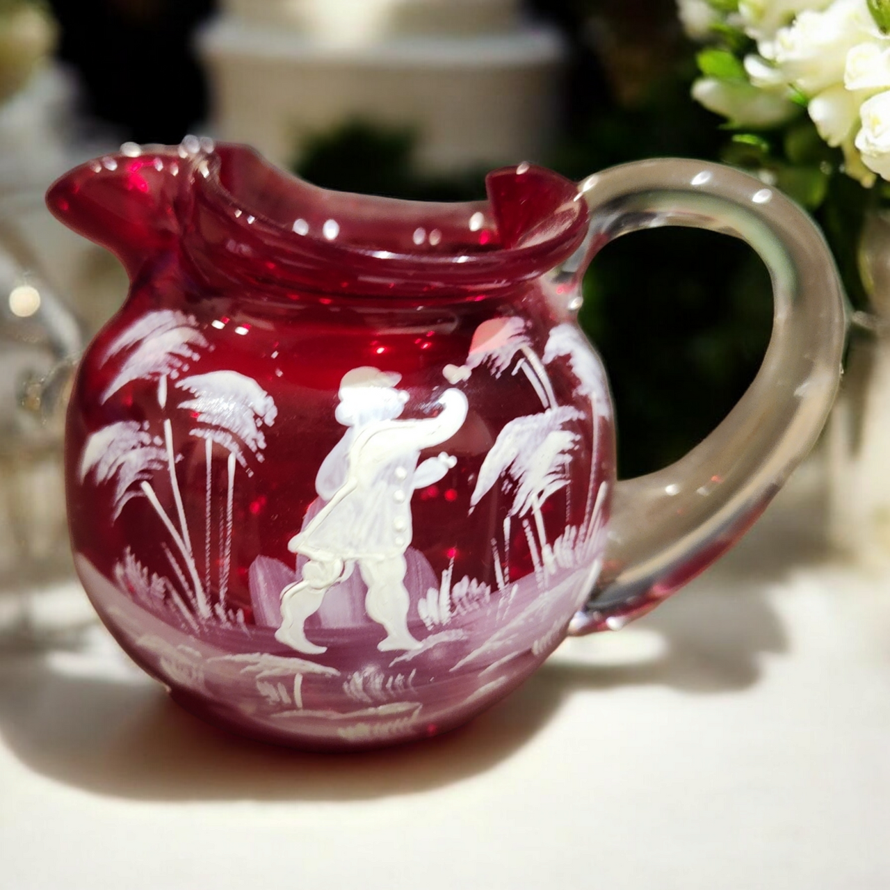 Fenton Mary Gregory Cranberry White Enameled Figure Mini Pitcher