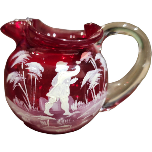 Fenton Mary Gregory Cranberry White Enameled Figure Mini Pitcher