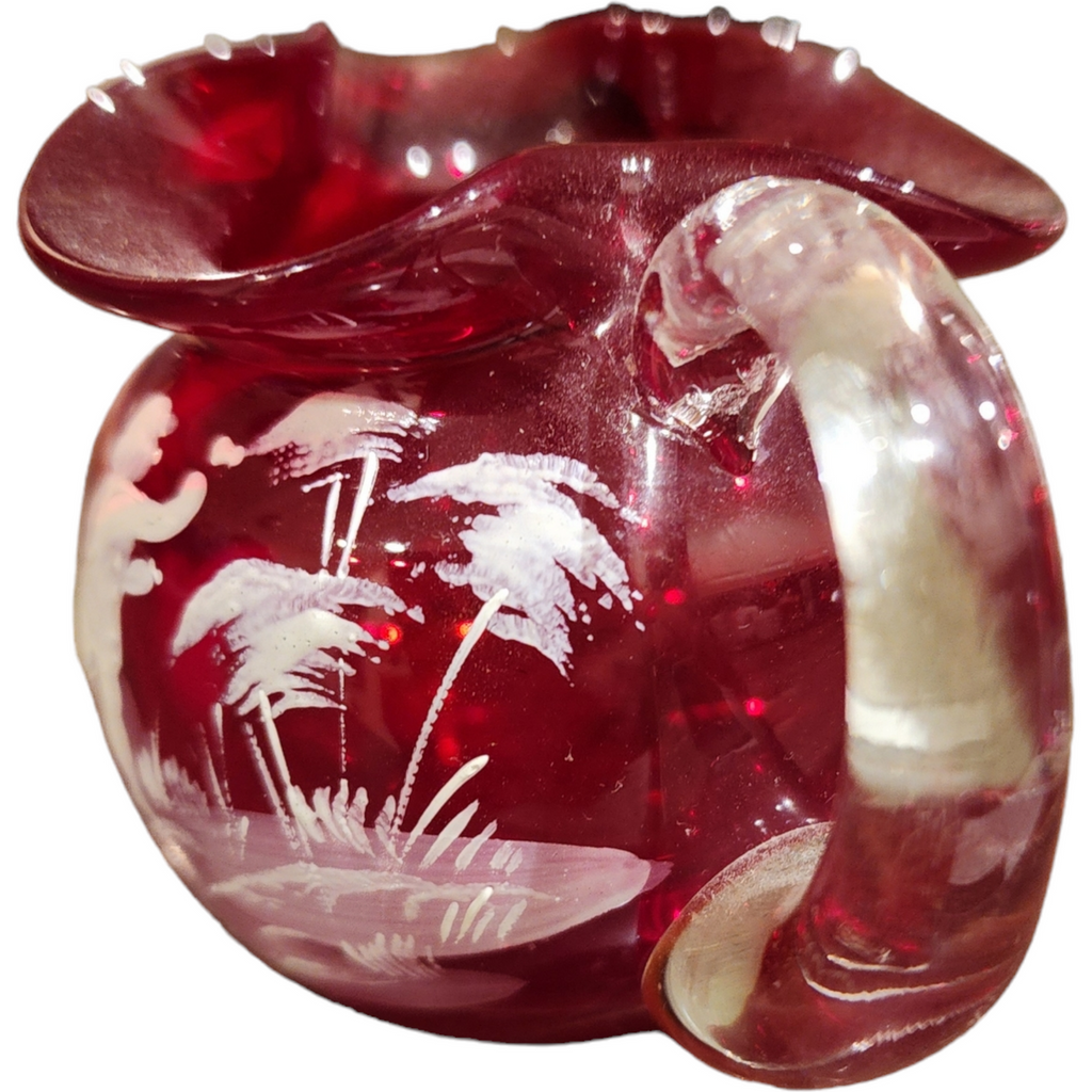 Fenton Mary Gregory Cranberry White Enameled Figure Mini Pitcher