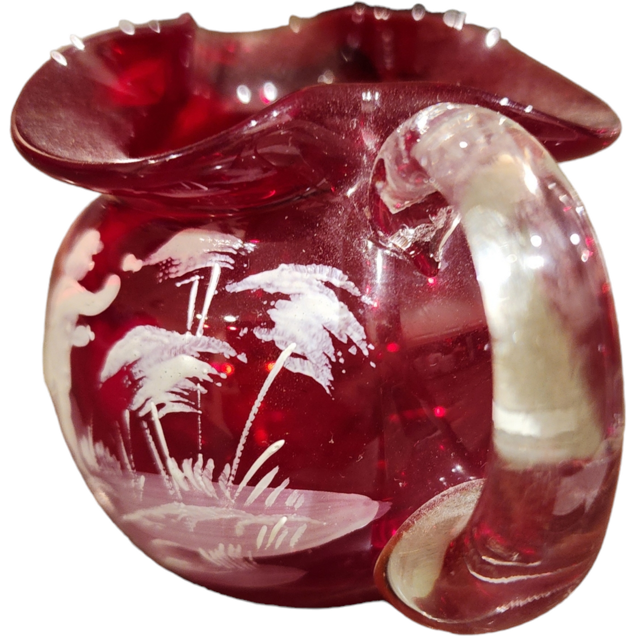 Fenton Mary Gregory Cranberry White Enameled Figure Mini Pitcher