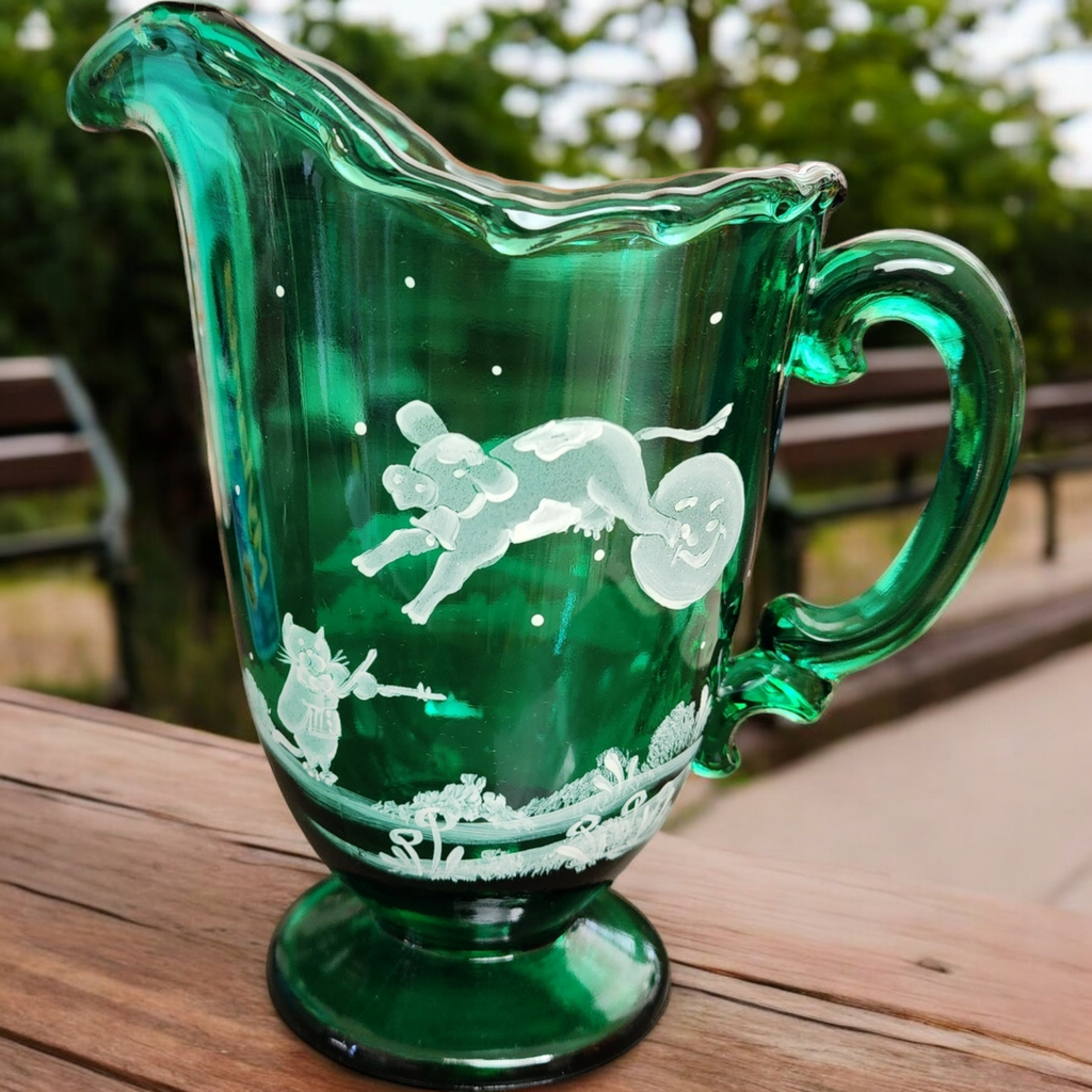 Fenton Mary Gregory Emerald Green Glass Pitcher