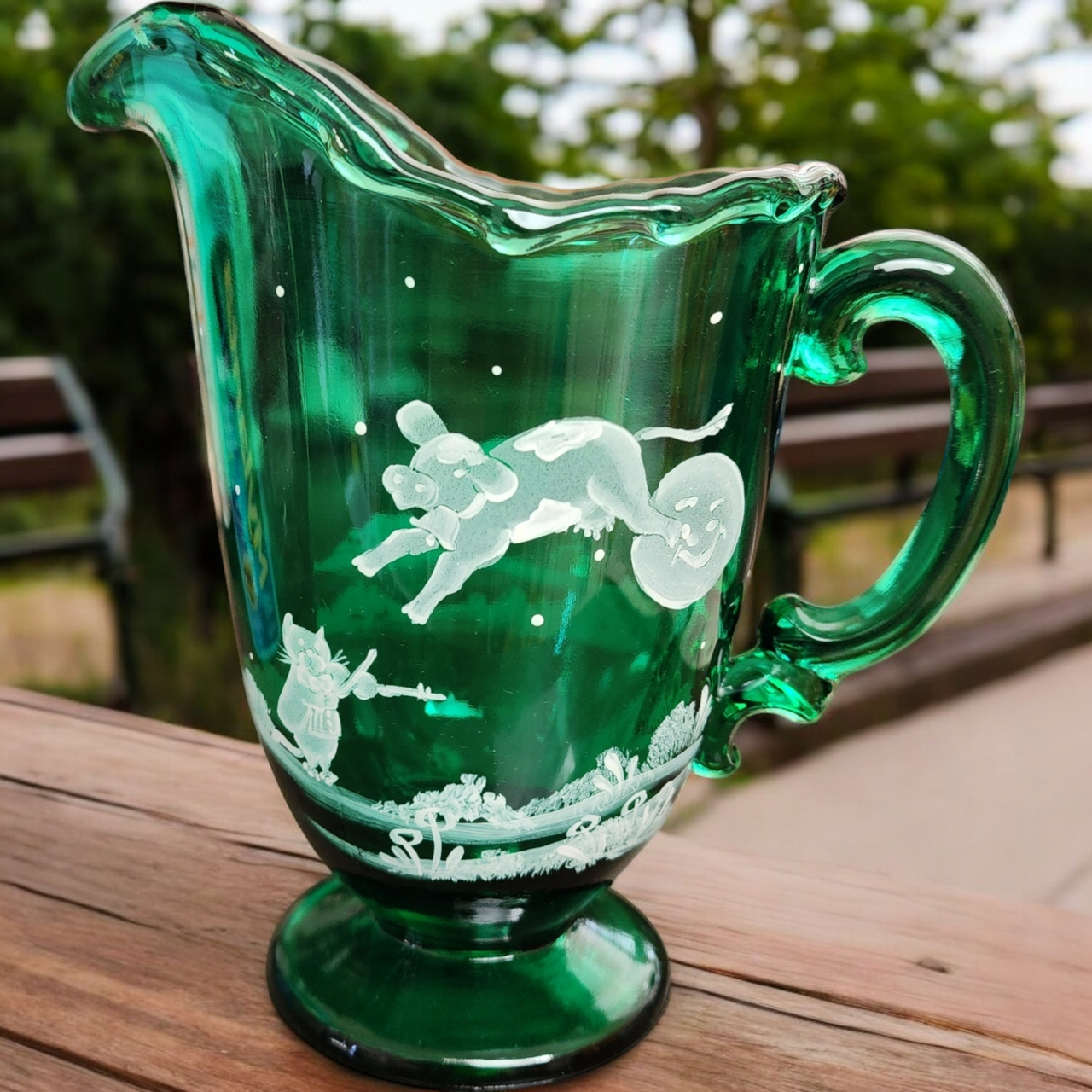 Fenton Mary Gregory Emerald Green Glass Pitcher