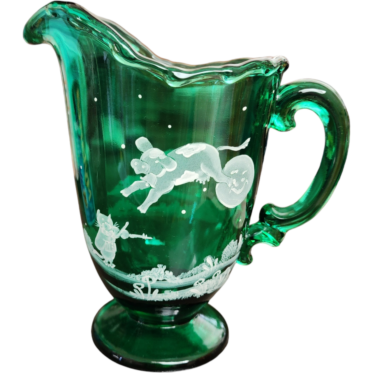 Fenton Mary Gregory Emerald Green Glass Pitcher