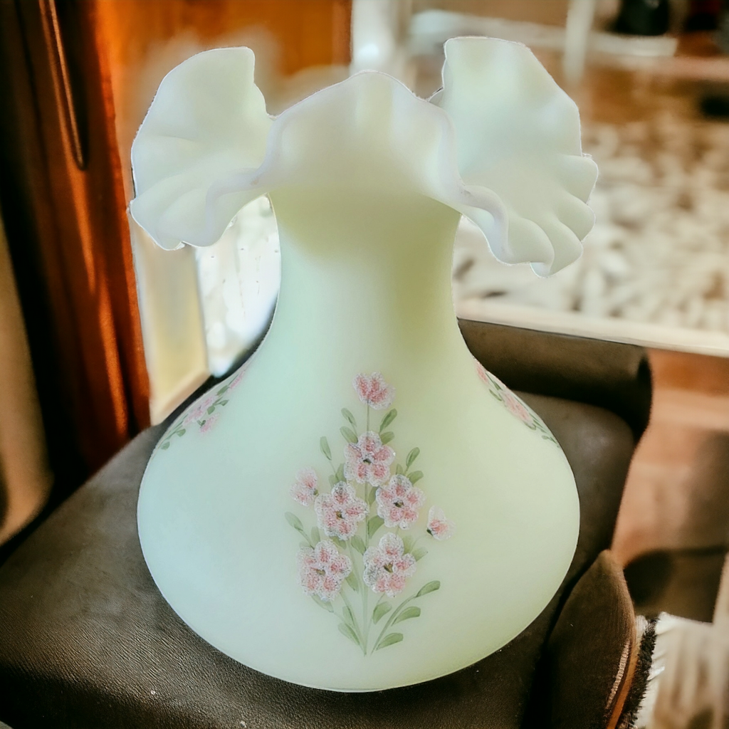 Fenton Pink Blossoms Uranium Glass UV Glows Yellow Milk Glass Flower Vase